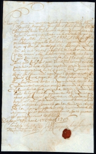 Pismo urzędowe podpisane przez Jana Chwałkowskiego, regenta starosty Przecława Leszczyńskiego i  uwierzytelnione pieczęcią starosty 25.08.1660 rok